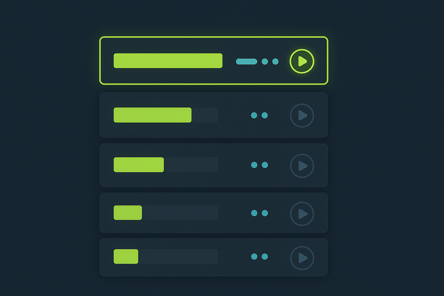 An improvement opportunity dashboard — a ranked list of AI-generated ideas with predicted impact scores, effort ratings, and a lime green Start PDCA button next to each — on a dark navy background