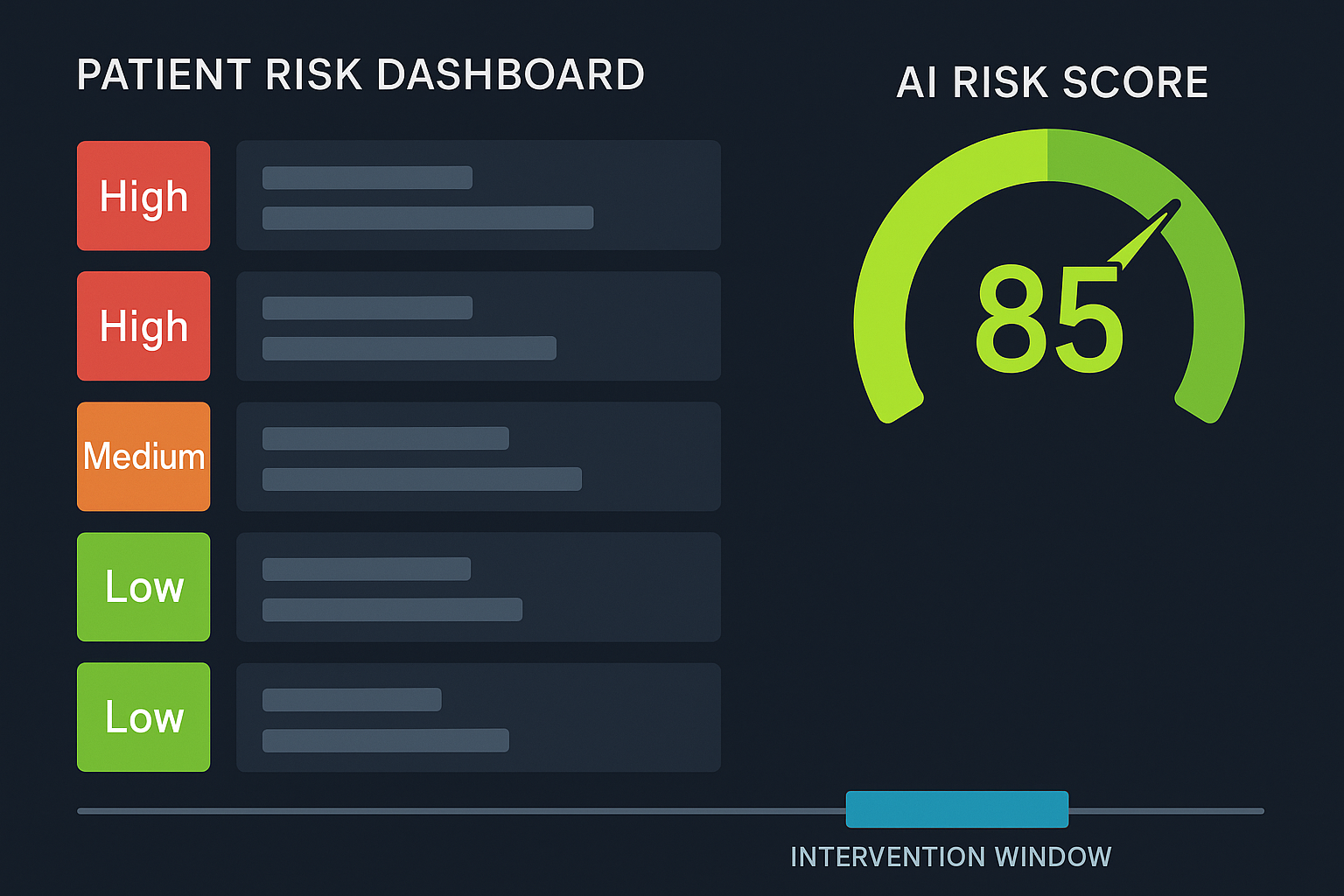 A patient risk dashboard with a risk score gauge, red/amber/green patient list, and a timeline showing intervention window