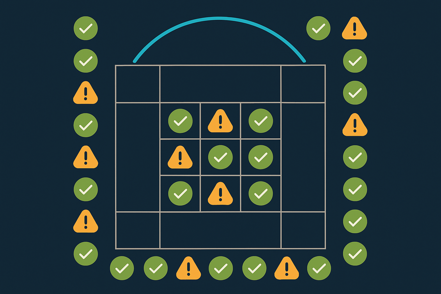 A strategy deployment X-matrix (Hoshin Kanri) with an AI overlay showing progress indicators — green ticks on completed items, amber warnings on at-risk items, and a predictive completion forecast