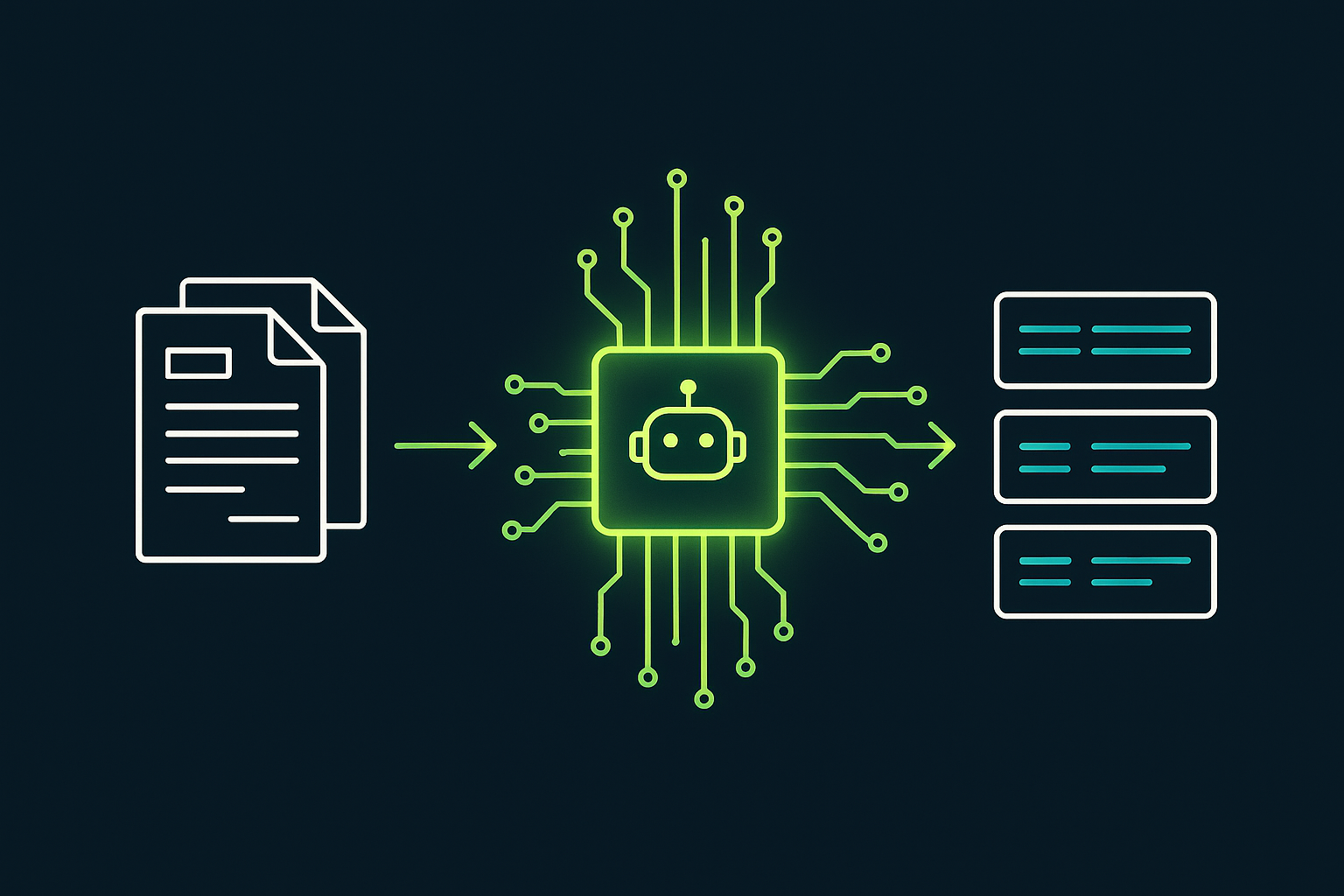 A flow diagram showing documents going in on the left, AI processing in the middle with a robot icon, and clean structured data output on the right — dark navy background with lime green connectors