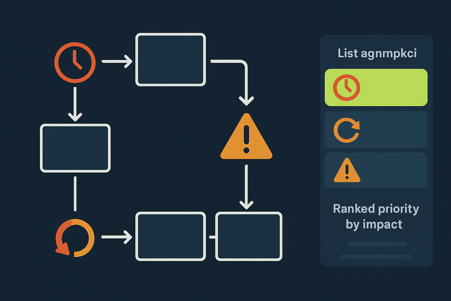 A value stream map with waste icons overlaid on non-value steps — waiting clocks in red, rework arrows in amber, unnecessary steps in orange — with a ranked priority list on the right