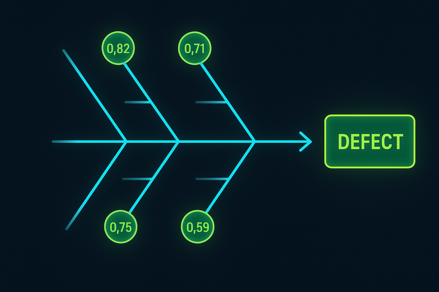 An AI fishbone diagram being auto-populated, with ranked probable causes on the right and confidence scores shown in lime green — on a dark navy background