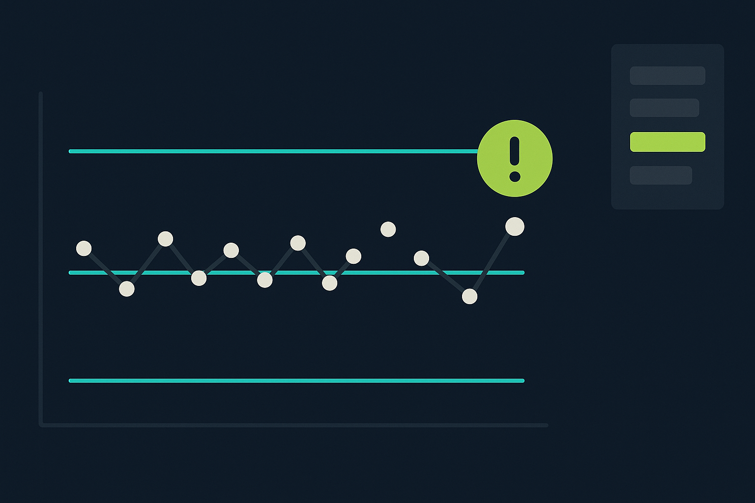 A real-time control chart with data points, UCL/LCL control limits, and an AI alert marker at a subtle process shift — with a sidebar showing the AI-identified root parameter in lime green
