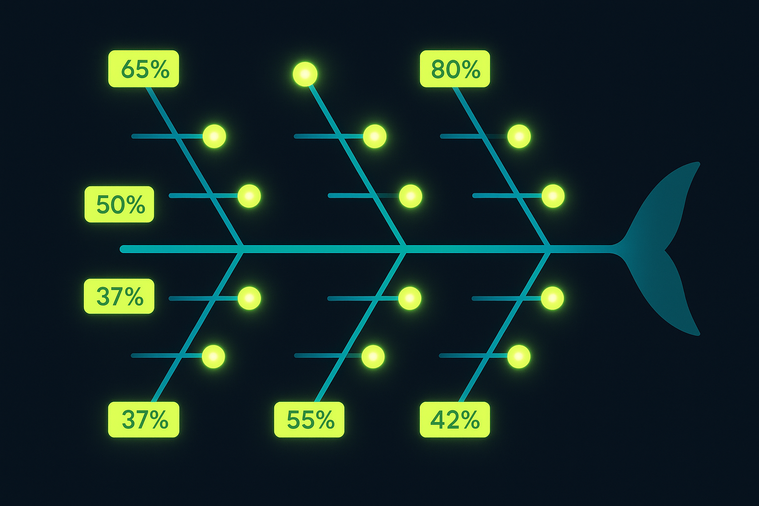 A fishbone (Ishikawa) diagram being auto-populated by AI — each branch lighting up in sequence with causes, and a confidence score next to each — on a dark navy background with lime green highlights