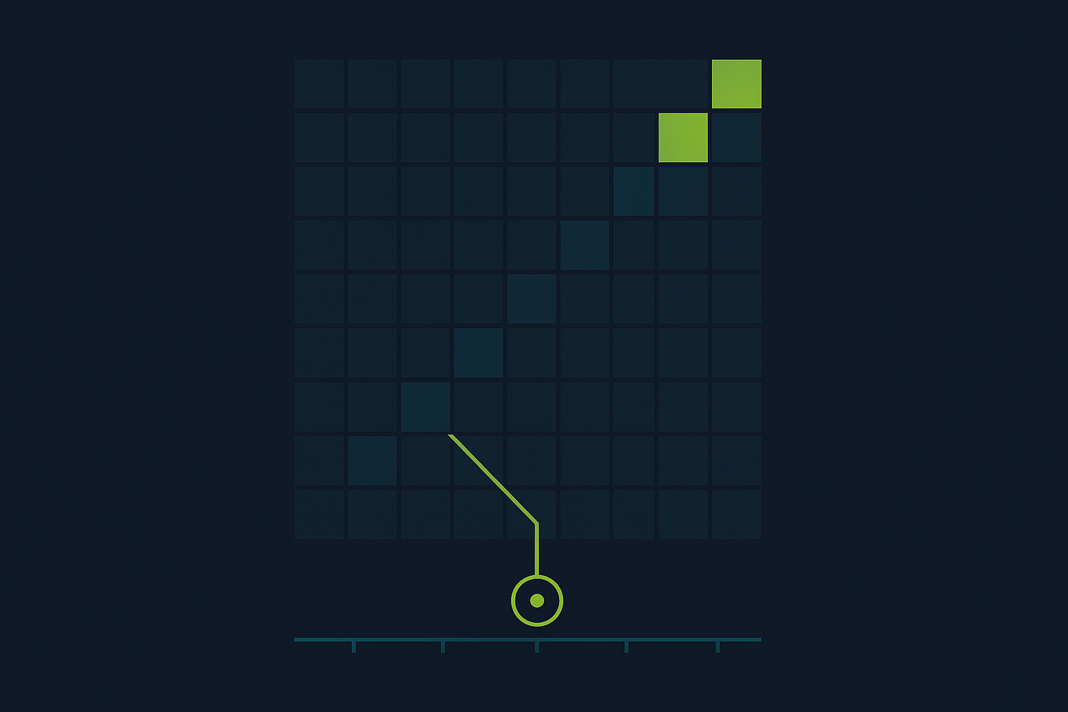 A correlation matrix with dozens of variables, with AI highlighting the two strongly correlated ones in lime green and drawing a connection line to a defect event marker — on a dark navy background