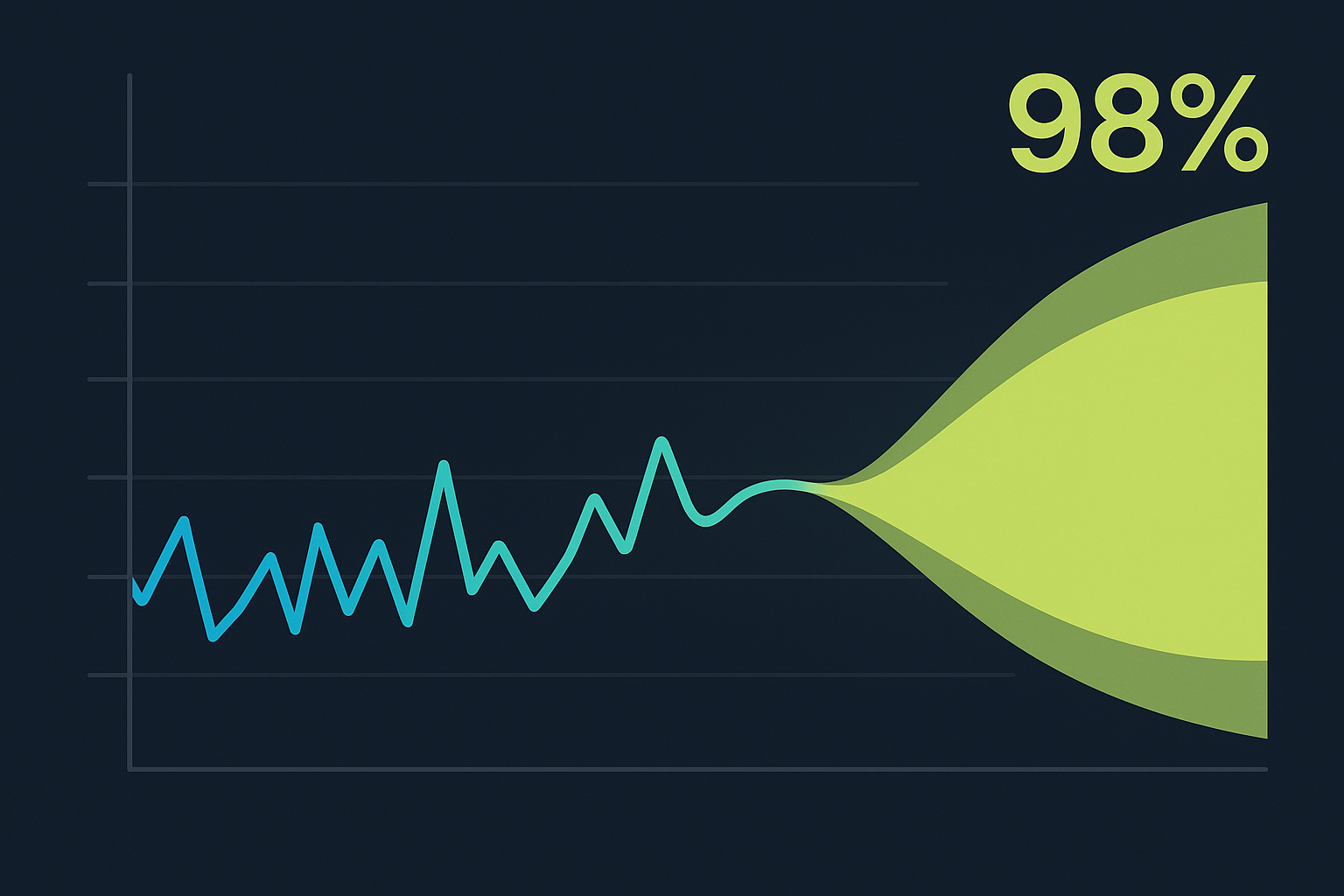 A demand forecast chart with an actual sales line in cyan, AI forecast line in lime green, and a confidence band shaded around it — on a dark navy background with key accuracy metrics shown