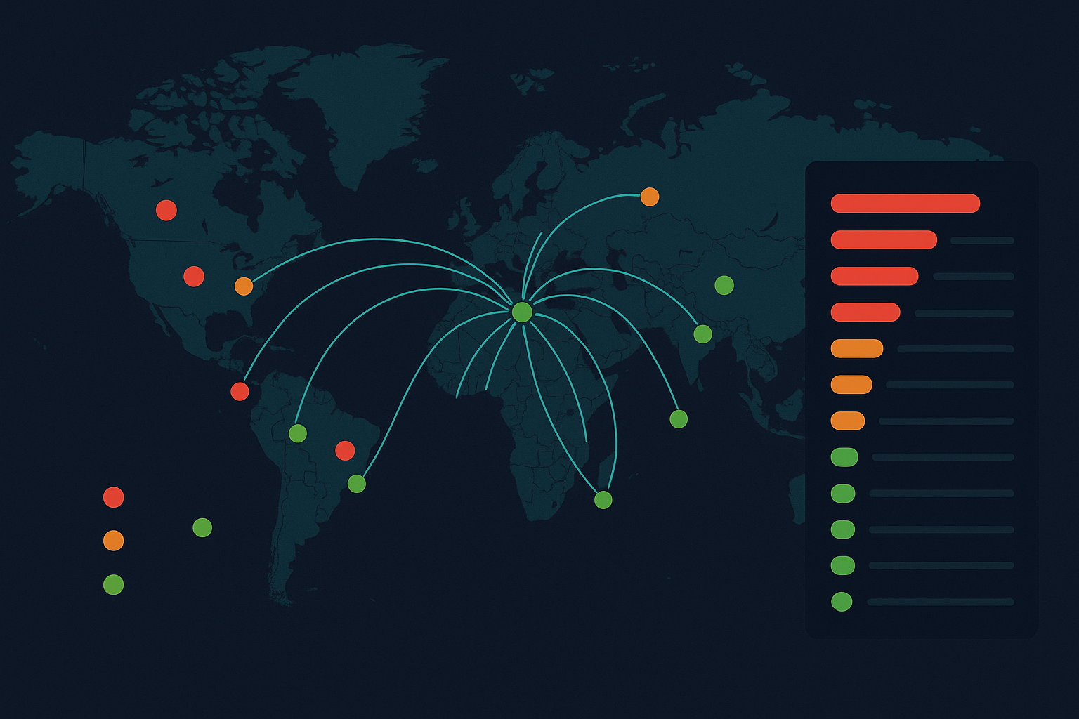 A world map with supplier locations marked as dots colour-coded red/amber/green by risk score, with a sidebar showing top risk alerts and AI-recommended actions