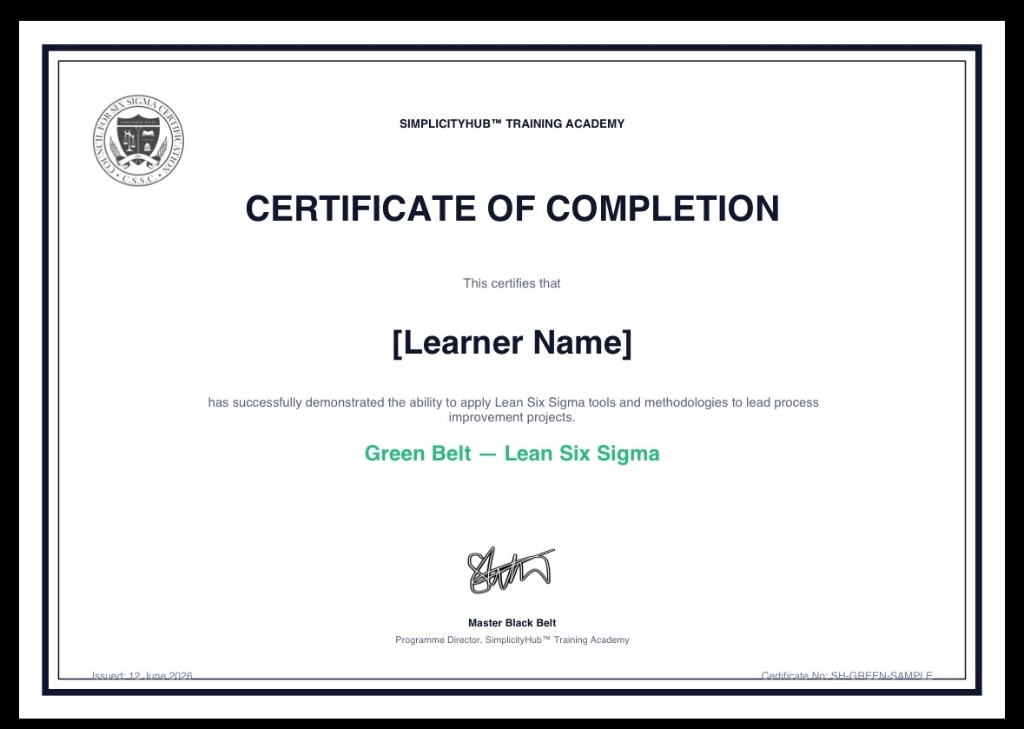 Green Belt Certificate of Completion — SimplicityHub Training Academy