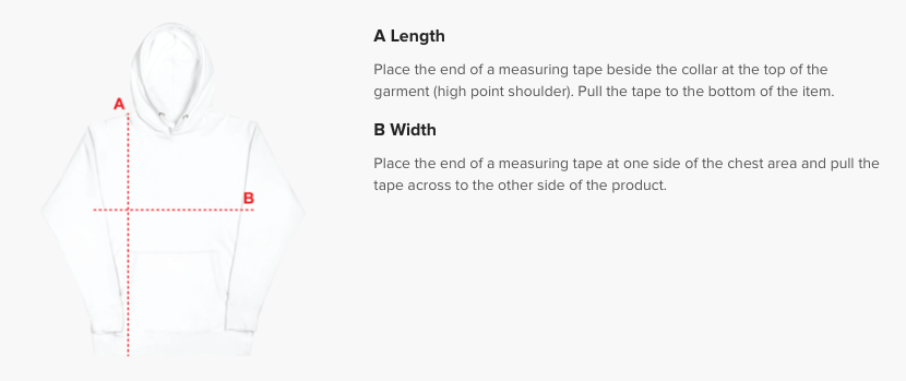 Hoodie product measurements showing A (Length) and B (Width)