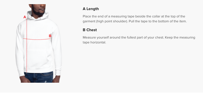 Person wearing hoodie showing A (Length) and B (Chest) measurements