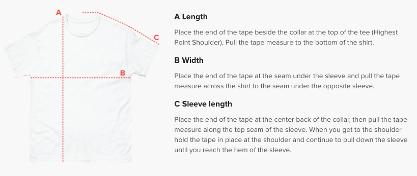 T-shirt product measurements showing A (Length), B (Width) and C (Sleeve length)