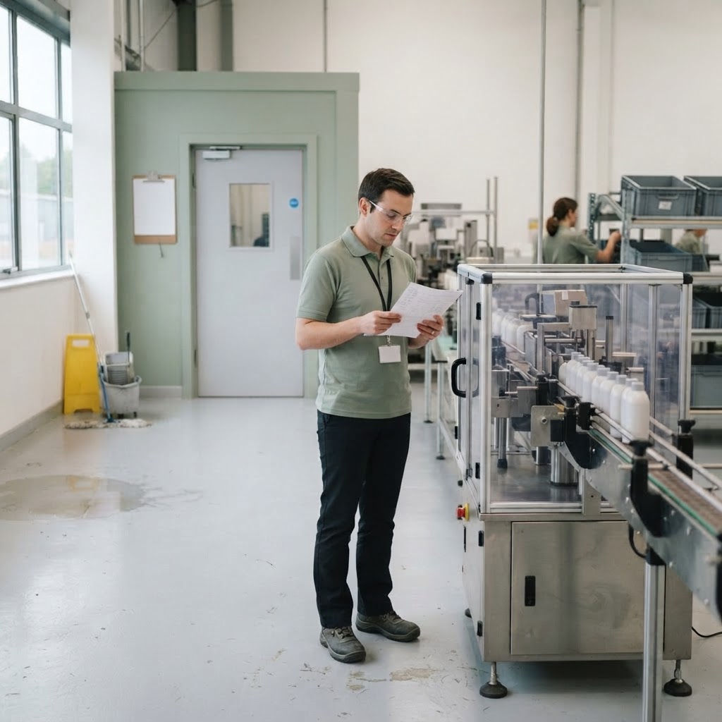 Process-improvement practitioner studies a weekly pattern and observes a damp floor near the labelling machine