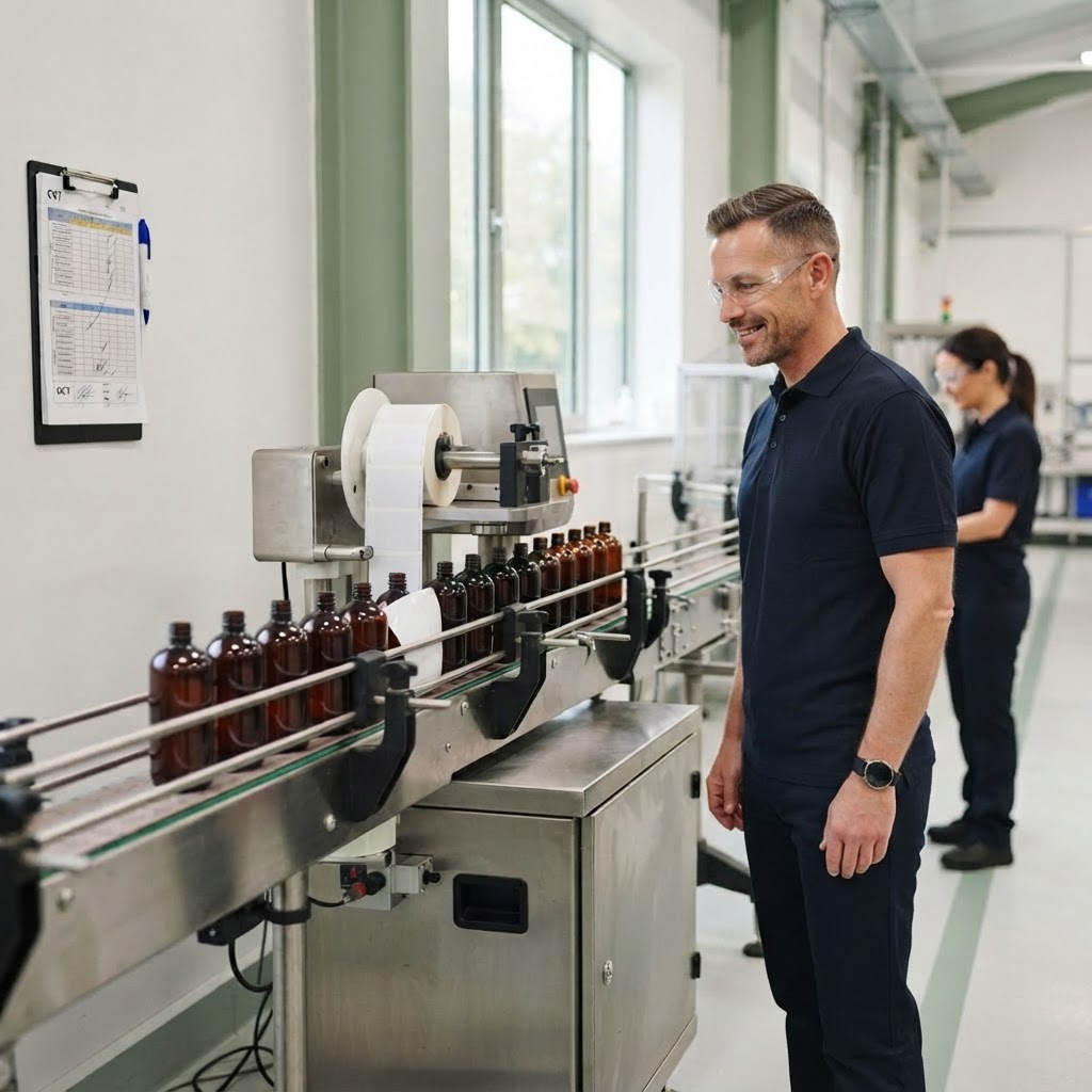 Packaging labelling machine running smoothly with the side door closed and a managed cleaning rota