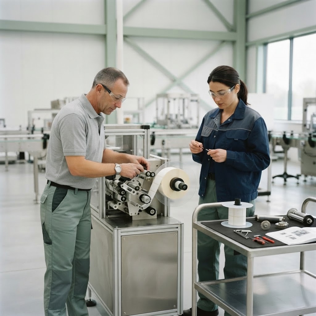 Packaging labelling machine stopped while maintenance workers investigate recurring label jams