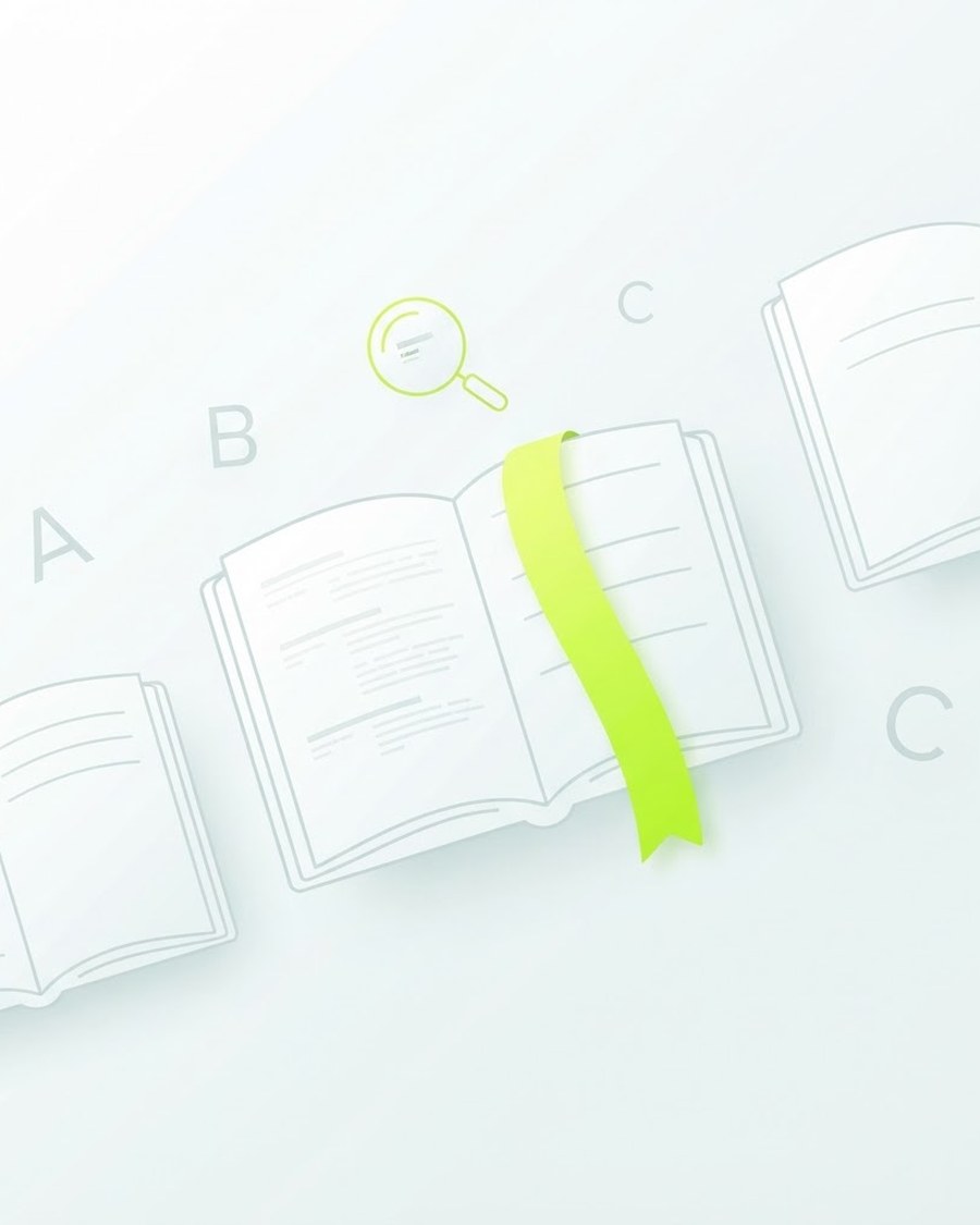 Light, airy illustration of an open glossary with a lime-green search icon