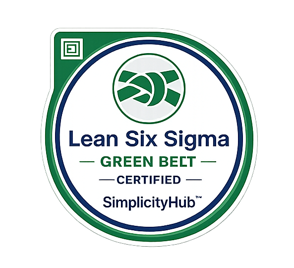SimplicityHub Lean Six Sigma Green Belt certification badge