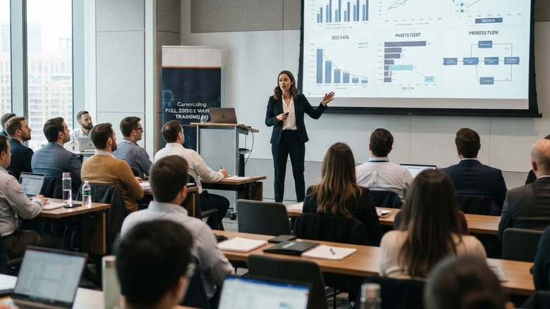 Professional presenting statistical analysis and process improvement data